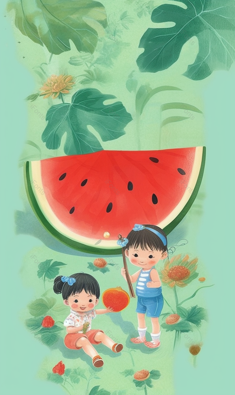 绿色的儿童插画西瓜泳池里的萌娃创意儿童插画,插画/手绘图,插画/手绘图库,插画/手绘图下载,插画/手绘
